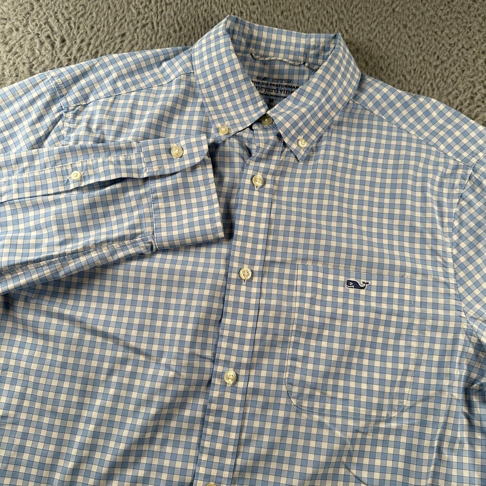 Vineyard‎ Vines Shirt Mens M Light Blue Gingham OTG Performance Stretch Wicking